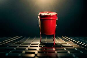 a red trash can sitting on top of a black background. AI-Generated photo
