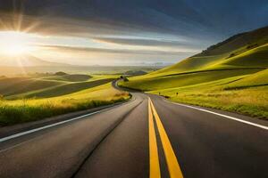 el Dom brilla terminado un la carretera en el medio de un verde valle. generado por ai foto