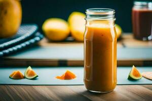 a glass jar filled with orange juice and sliced fruit. AI-Generated photo