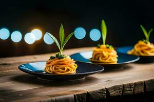 three plates with pasta and vegetables on them. AI-Generated photo