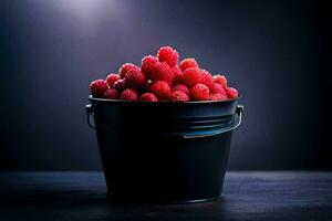 raspberries in a bucket on a dark table. AI-Generated photo