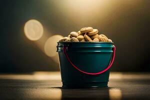 a bucket filled with peanuts on a table. AI-Generated photo