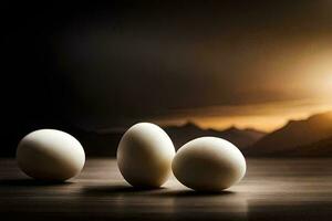 Tres huevos en un mesa con un puesta de sol en el antecedentes. generado por ai foto