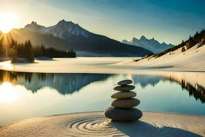 el Dom sube terminado un lago y un apilar de piedras en el nieve. generado por ai foto