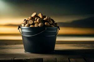 a bucket full of nuts on a wooden table. AI-Generated photo