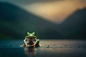 un rana sentado en el suelo en frente de un montaña. generado por ai foto