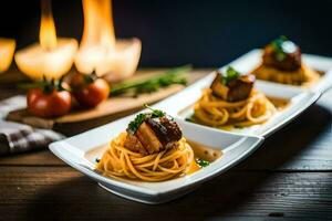 espaguetis con carne y vegetales en un lámina. generado por ai foto