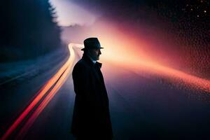 a man in a hat and coat standing on a road at night. AI-Generated photo