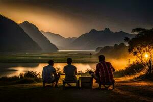 Tres personas sentado en un banco con vista a un lago. generado por ai foto