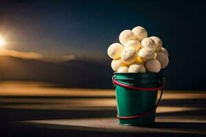 a bucket filled with white balls sitting on a table. AI-Generated photo