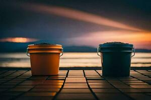 two buckets sitting on a tiled floor with the sun setting behind them. AI-Generated photo