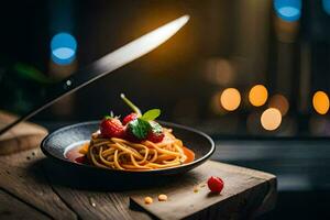 spaghetti with strawberries and a knife on a wooden table. AI-Generated photo