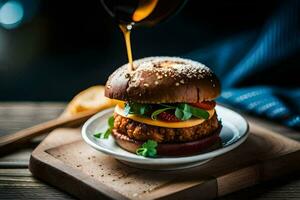 a burger with cheese and vegetables being poured onto it. AI-Generated photo