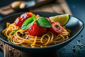a bowl of spaghetti with strawberries and basil. AI-Generated photo