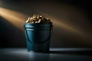 a bucket filled with coins on a dark background. AI-Generated photo