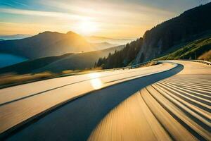 un devanado la carretera en el montañas a puesta de sol. generado por ai foto