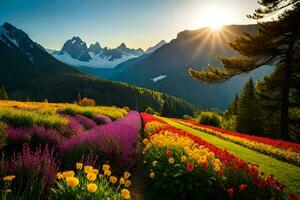 the sun shines over a field of colorful flowers. AI-Generated photo