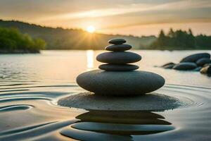 un apilar de piedras en el agua a puesta de sol. generado por ai foto