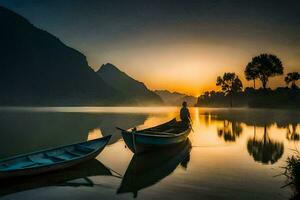 a man is standing on a boat in the water at sunrise. AI-Generated photo