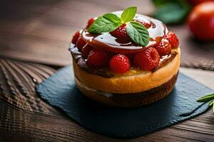 un postre con bayas y crema en un de madera mesa. generado por ai foto