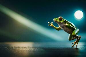 a frog jumping on a dark floor. AI-Generated photo