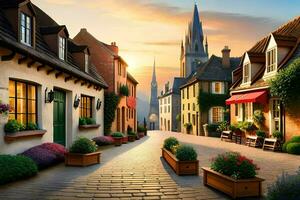 a street in europe with houses and flowers. AI-Generated photo