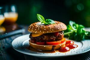 a hamburger with tomato and cheese on a white plate. AI-Generated photo