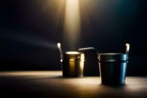 two metal buckets with light shining on them. AI-Generated photo