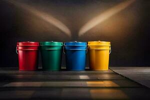 three colorful trash cans on a dark floor. AI-Generated photo