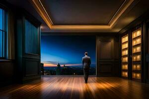 a man in a suit stands in an empty room with a view of the city. AI-Generated photo