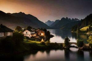 photo wallpaper the sky, mountains, lake, house, the house, the house, the house. AI-Generated