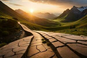 the sun rises over a mountain range with a stone path. AI-Generated photo