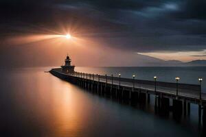 a lighthouse on a pier in the middle of a lake. AI-Generated photo