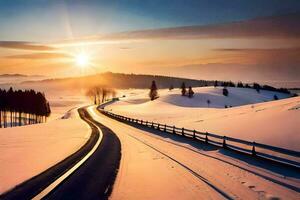 a road in the snow with the sun setting behind it. AI-Generated photo