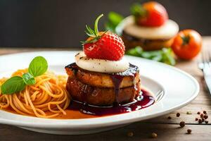 a plate with a strawberry and a piece of meat. AI-Generated photo