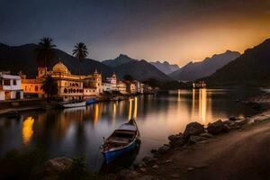 a boat sits on the water in front of a mountain. AI-Generated photo