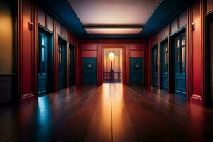 a long hallway with red walls and wooden floors. AI-Generated photo