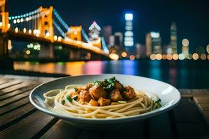 a plate of spaghetti with a view of the hong kong skyline. AI-Generated photo