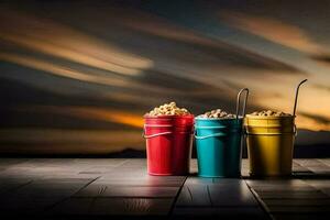 Tres cubos de palomitas de maiz en un mesa. generado por ai foto