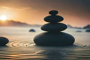 zen stones stacked on the beach at sunset. AI-Generated photo