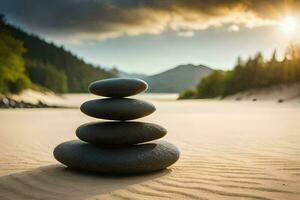 a stack of rocks in the sand. AI-Generated photo