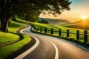 a winding road with a fence and grassy field at sunset. AI-Generated photo