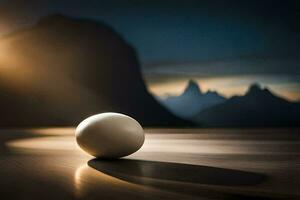 a white ball sits on a table in front of a mountain. AI-Generated photo