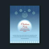 Christmas party flyer with glass and red balls. Elegant free vector illustration with snow.