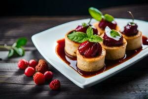 un plato con postre y bayas. generado por ai foto