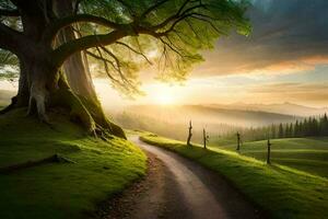 a tree stands in the middle of a green field with a road leading to it. AI-Generated photo