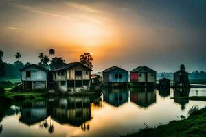 the sun sets over a river and some houses. AI-Generated photo