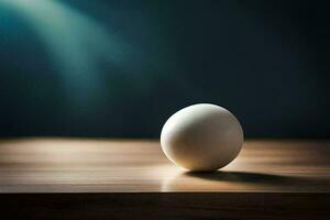 un huevo sentado en un mesa en frente de un azul pared. generado por ai foto