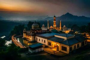 the mosque at dusk in the mountains. AI-Generated photo