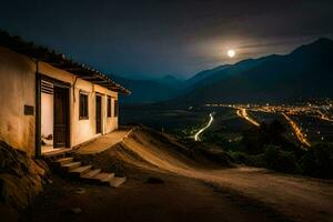 el Luna brilla terminado un casa en un ladera. generado por ai foto